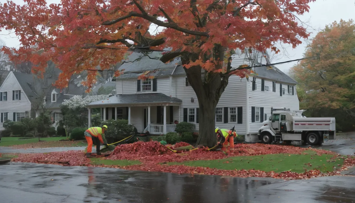 Provider crew safely sectioning a storm-fallen tree beside a older home in Framingham